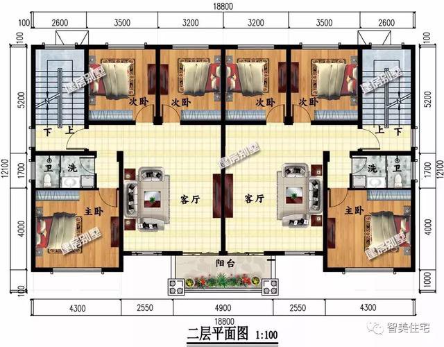 共用堂屋設計的雙拼別墅戶型方案圖，二層、三層各一套