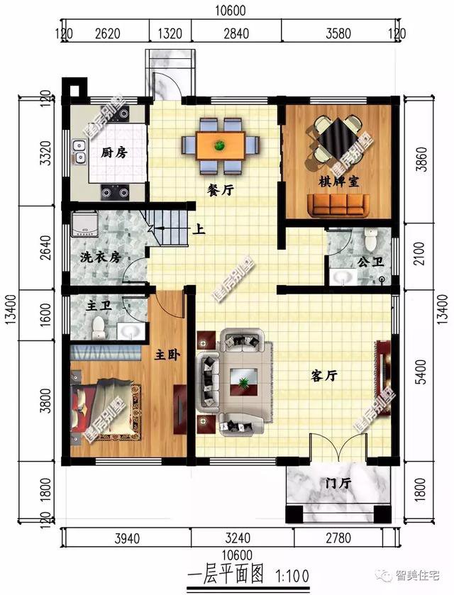 新中式風格住宅戶型圖，一個平屋頂，一個徽派風格