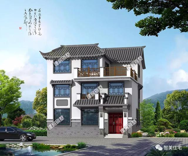 新中式風格住宅戶型圖，一個平屋頂，一個徽派風格