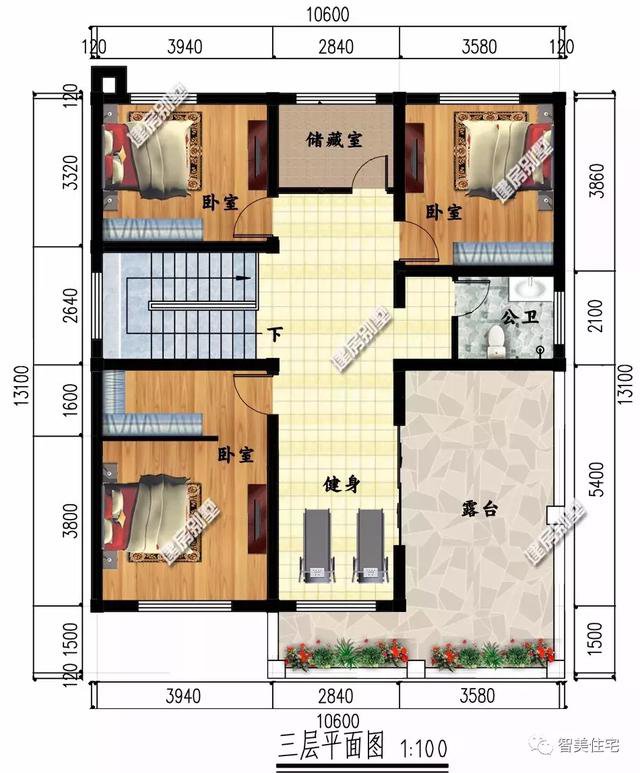 新中式風格住宅戶型圖，一個平屋頂，一個徽派風格