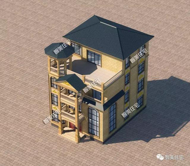 客廳挑空樓頂帶涼亭的四層自建房戶型設計圖，旋轉樓梯