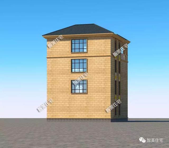 客廳挑空樓頂帶涼亭的四層自建房戶型設計圖，旋轉樓梯