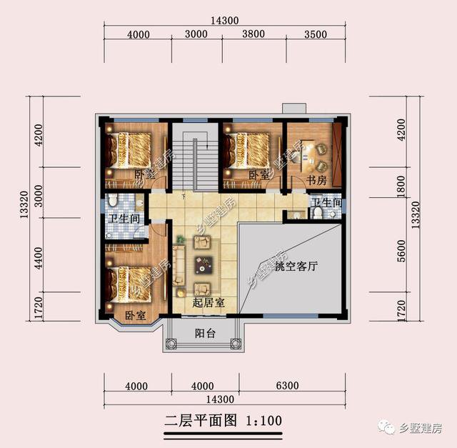 14×13米的二層小洋樓戶型方案圖，復式中空客廳