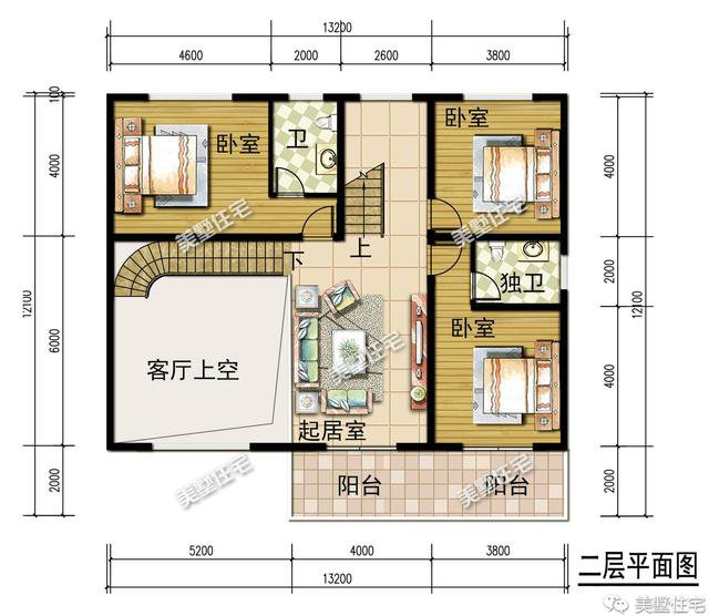 13.2×12.1米三層簡歐別墅方案平面圖，戶型端正