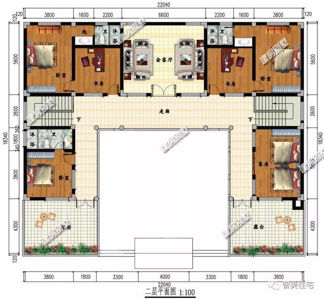 農村兩層自建住宅四合院戶型圖，白墻灰瓦