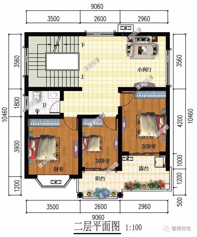 面寬9米平屋頂三層簡約住房戶型方案圖，兩層半帶露臺