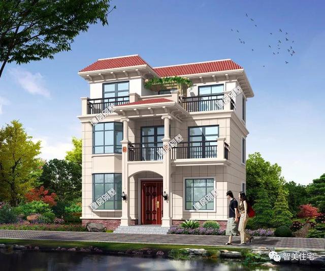 面寬9米平屋頂三層簡約住房戶型方案圖，兩層半帶露臺