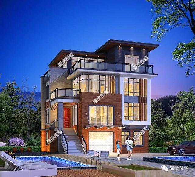 2棟外觀時(shí)尚的現(xiàn)代風(fēng)別墅戶型圖，平屋頂設(shè)計(jì)，一棟2層，一棟4層