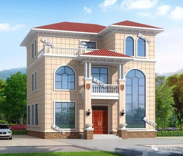 造價38萬配大落地窗簡歐三層樓房戶型方案圖，農村自建超值