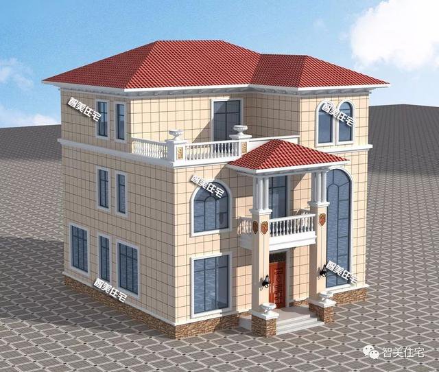 造價38萬配大落地窗簡歐三層樓房戶型方案圖，農村自建超值