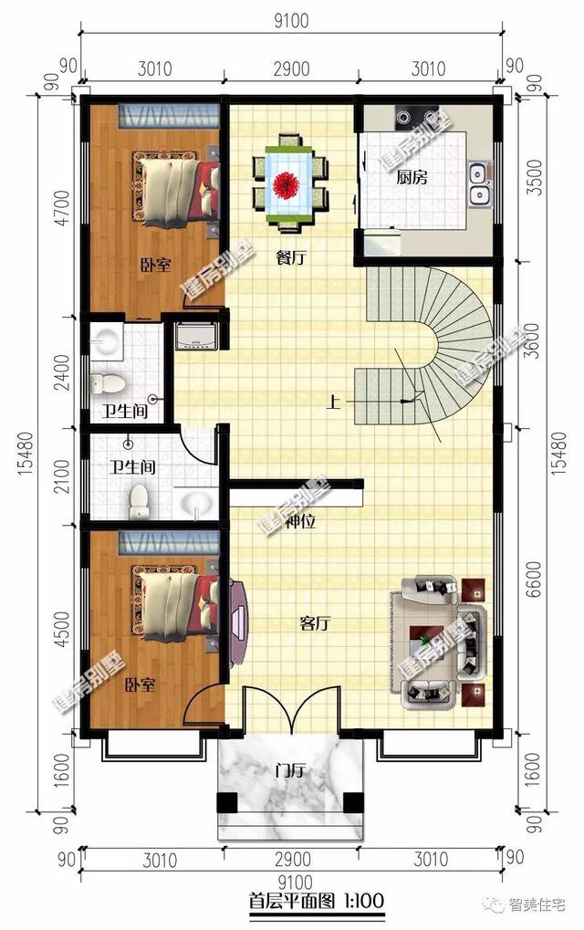 面寬8-9米的農村四層自建樓房戶型方案圖，小宅基地首選