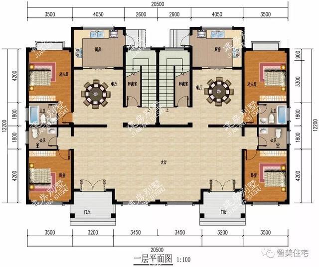 大廳共用的雙拼3層戶型別墅設(shè)計圖，兄弟倆一起住豪宅