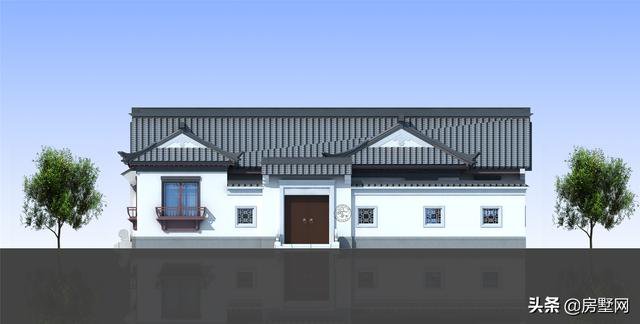 一層精品帶庭院中式別墅戶型圖及外觀圖，前后都有庭院