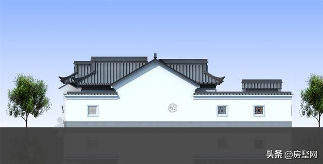 一層精品帶庭院中式別墅戶型圖及外觀圖，前后都有庭院