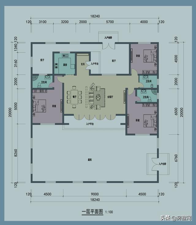 一層精品帶庭院中式別墅戶型圖及外觀圖，前后都有庭院