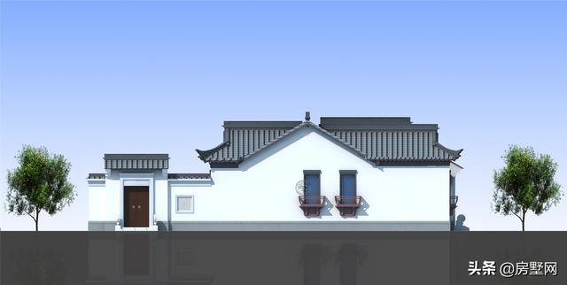 一層精品帶庭院中式別墅戶型圖及外觀圖，前后都有庭院