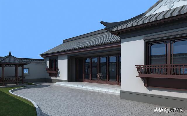 一層精品帶庭院中式別墅戶型圖及外觀圖，前后都有庭院