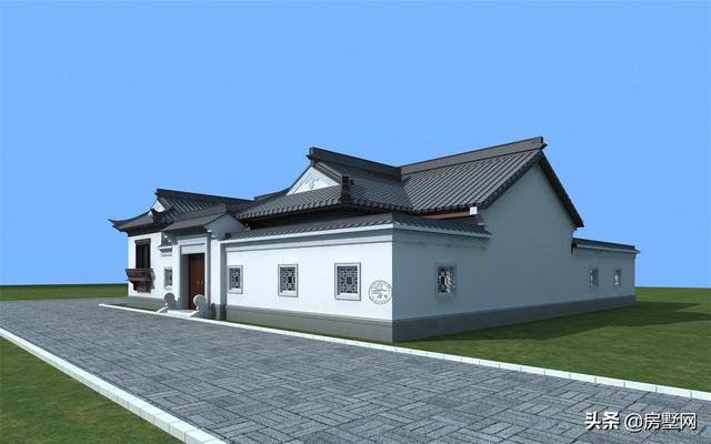 一層精品帶庭院中式別墅戶型圖及外觀圖，前后都有庭院