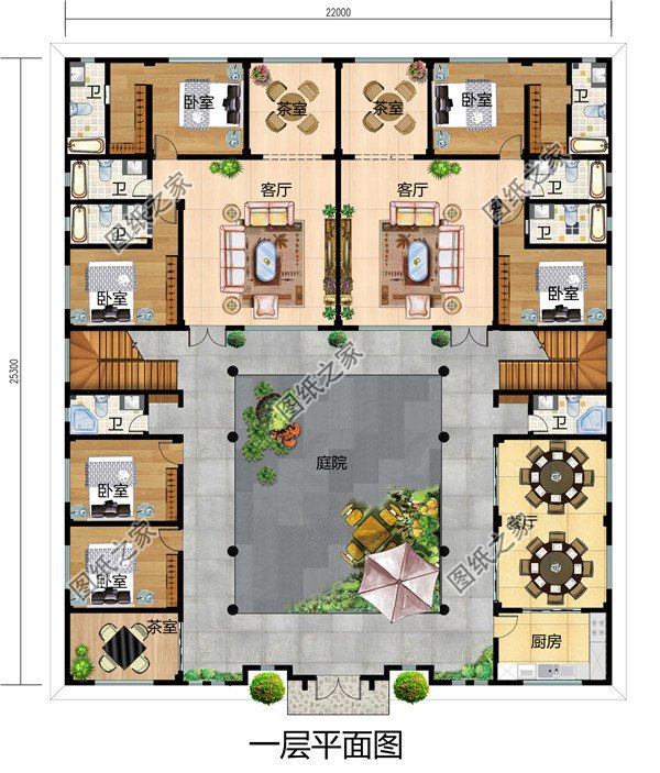 農村自建超漂亮中式四合院別墅設計圖，22X25米