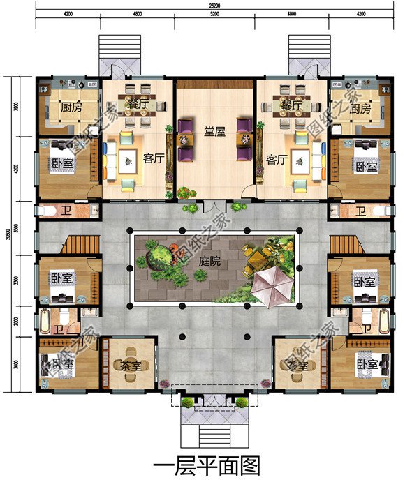農村兄弟雙拼二層四合院別墅設計圖，戶型左右對稱