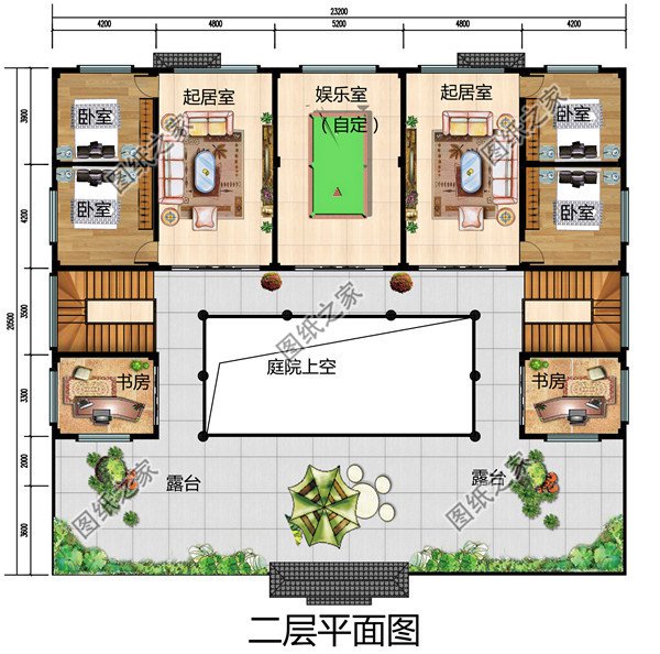 農村兄弟雙拼二層四合院別墅設計圖，戶型左右對稱