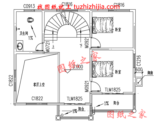 8X10米農村別墅設計，弧形采光窗、5臥室