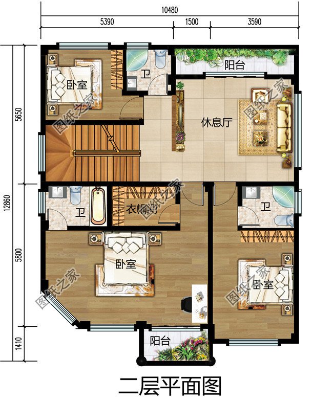 農村四層樓房外形設計圖，主臥配有陽臺和衣帽間還有衛生間