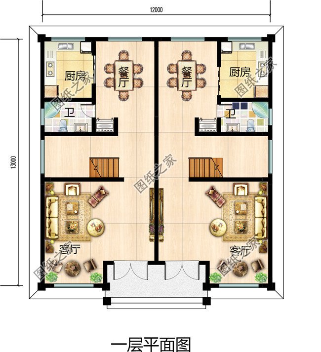 幾套農(nóng)村兄弟倆雙拼樓房設計圖，二層、三層都有