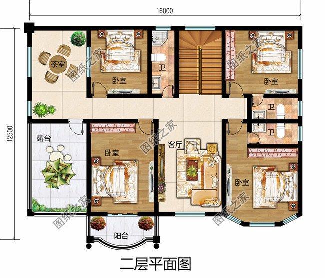 3款四間二層農村房屋設計圖，附彩色平面戶型圖