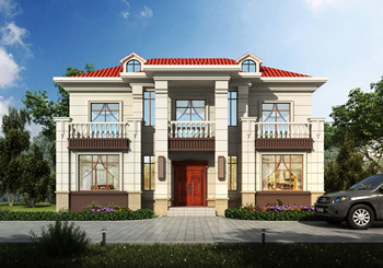 面寬15米左右二層簡歐房子設計方案圖，外觀對稱設計，廚房在前面