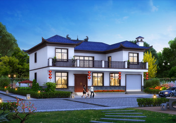 農村中式二層4開間別墅圖紙設計方案圖，帶車庫戶型