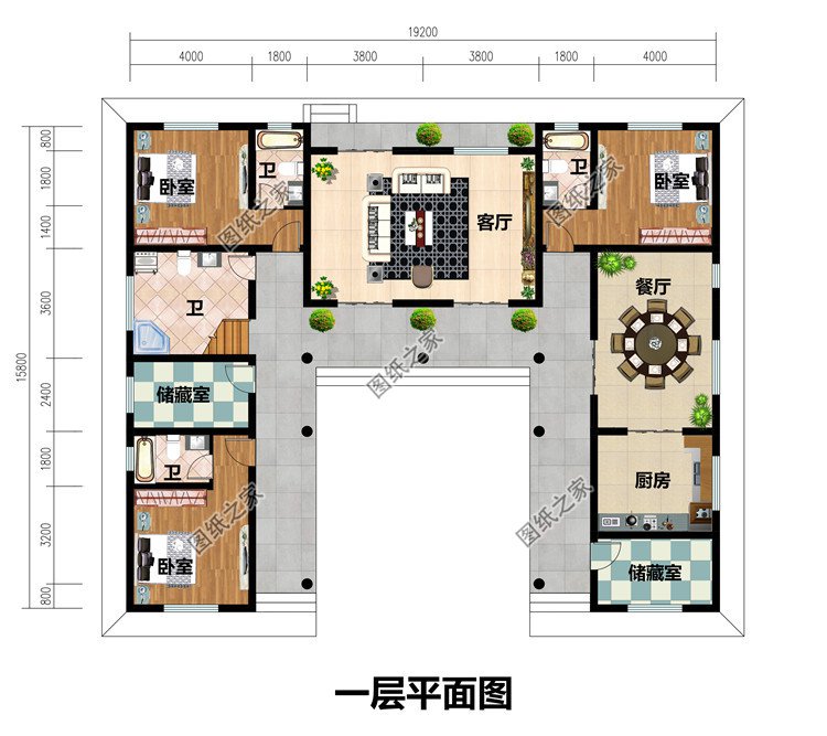 農村二層中式三合院別墅設計圖,帶庭院自建房戶型圖