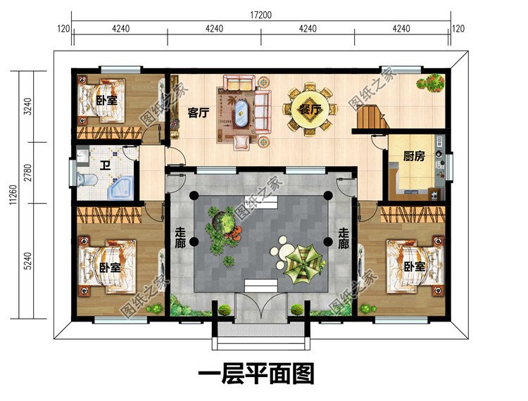 農村復式挑空客廳二層四合院設計圖紙，外觀對稱設計