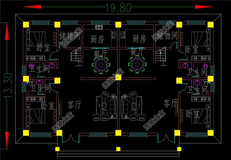 中式別墅雙拼農村一層設計圖