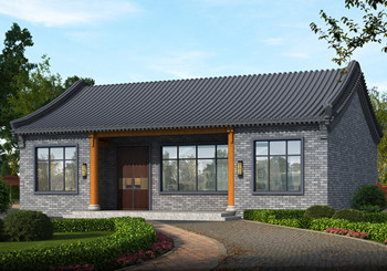 中式一層仿古自建平房設計圖,灰墻青瓦,外觀古香古色