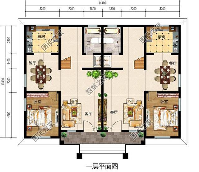 四間雙拼別墅圖，建一棟一家人互相幫襯，生活和和睦睦