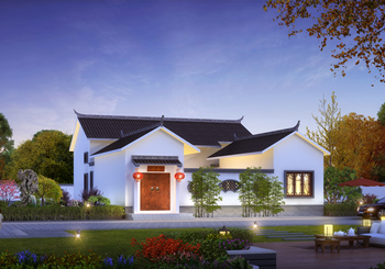 一層半中式合院別墅設計圖，帶配房，有庭有院有品位