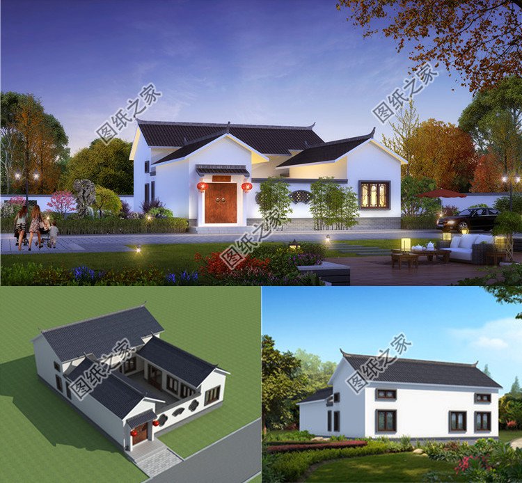 一層中式合院別墅設計圖效果圖