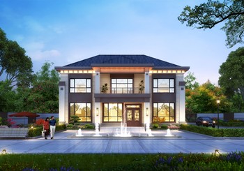 新中式二層農(nóng)村別墅設(shè)計圖紙及外觀圖，面寬15米左右