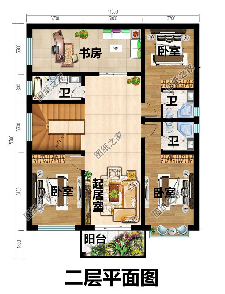 兩層平屋頂帶地下室別墅二層平面圖