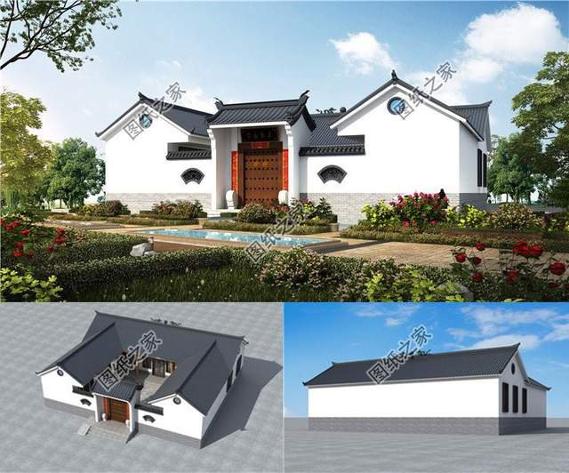 鄉村一層三合院設計圖，在庭院中仰望星空的美好