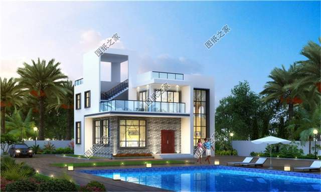 現代化時尚簡約二層別墅設計圖紙，潮流時尚