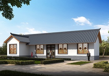 中式簡約風格七字形一層平房設計圖紙及外觀圖