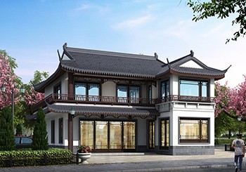 仿古中式七字形二層小別墅設計圖紙，L型自建房推薦