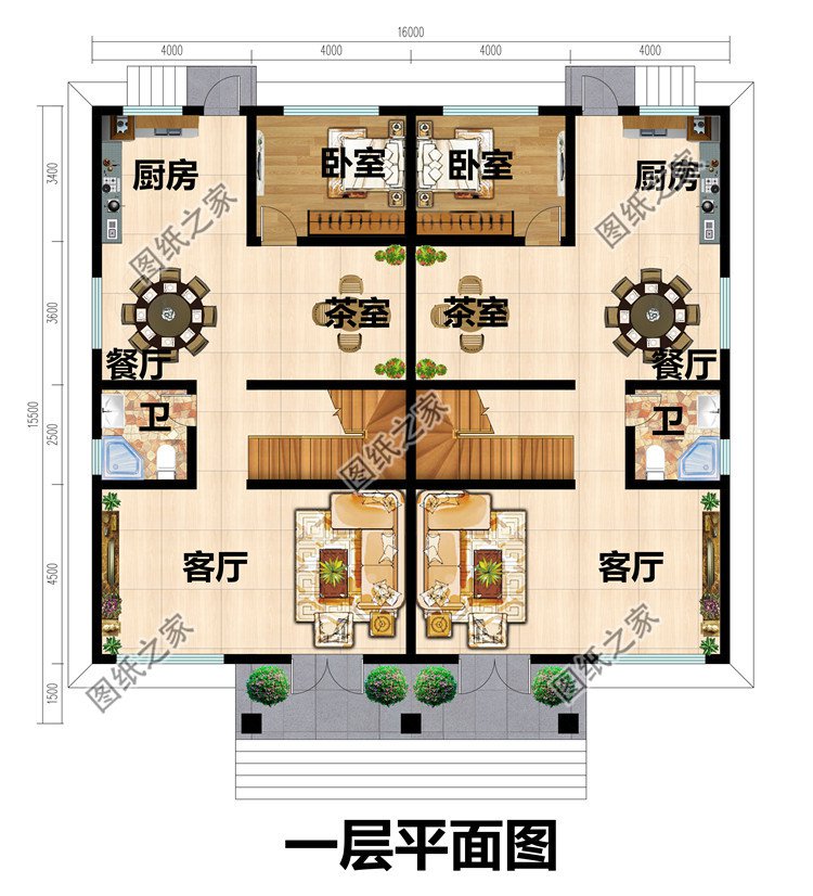 二層雙拼別墅設計一層平面圖