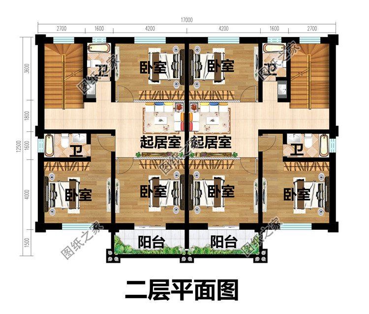 三層現代簡約農村雙拼小別墅二層平面圖