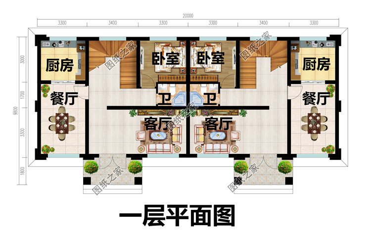 農村三層雙拼別墅一層平面圖