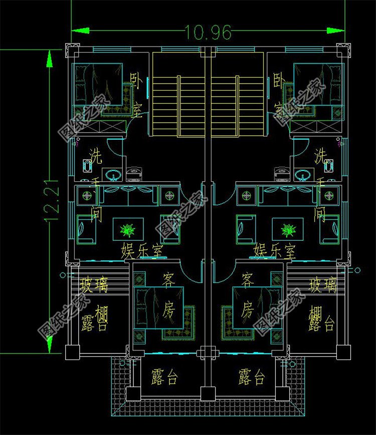 農村三層兩戶雙拼自建別墅三層平面圖