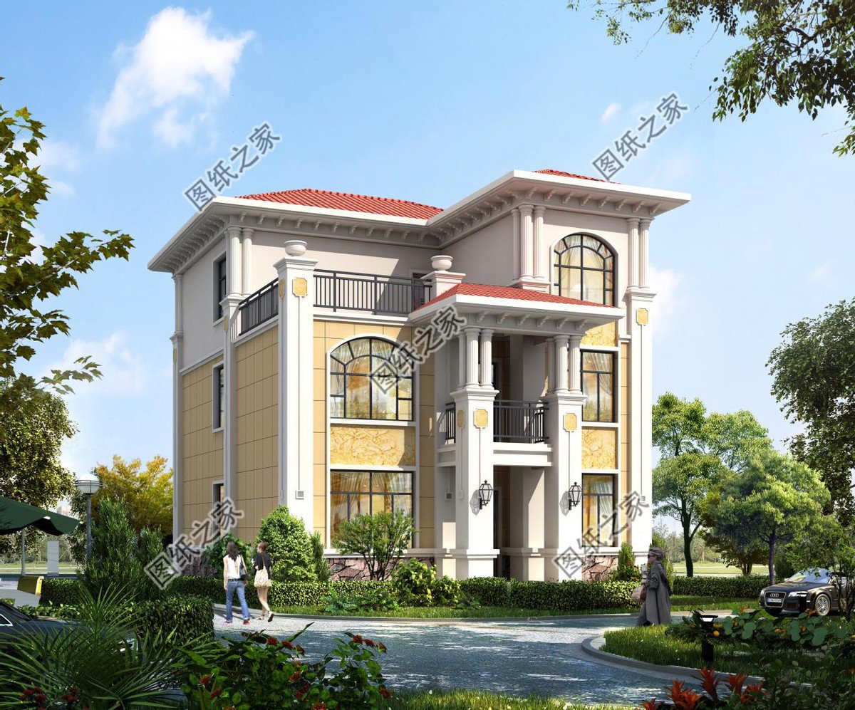 帶浮雕的農村自建三層別墅，金色浮雕是歷久不衰的美