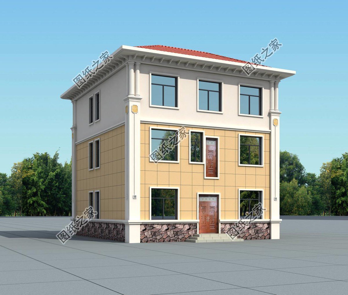 帶浮雕的農村自建三層別墅，金色浮雕是歷久不衰的美